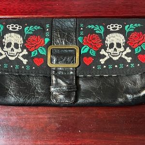 Disney Loungefly Spooky Clutch Purse Skulls Red Roses Embroidered Black Leather